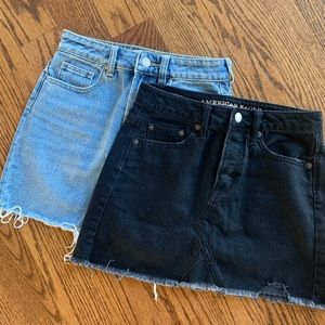 2 denim skirts, one blue one black